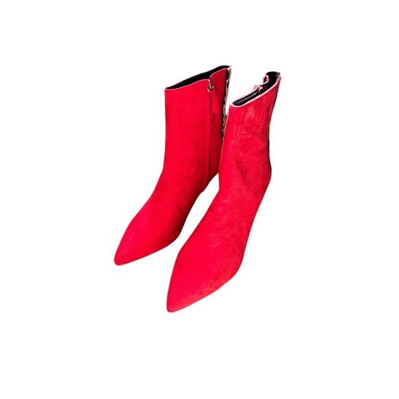 FSJ Red And Leopard Patterned Suede Pointed Toe Booties Size 10 - Picture 6 of 9